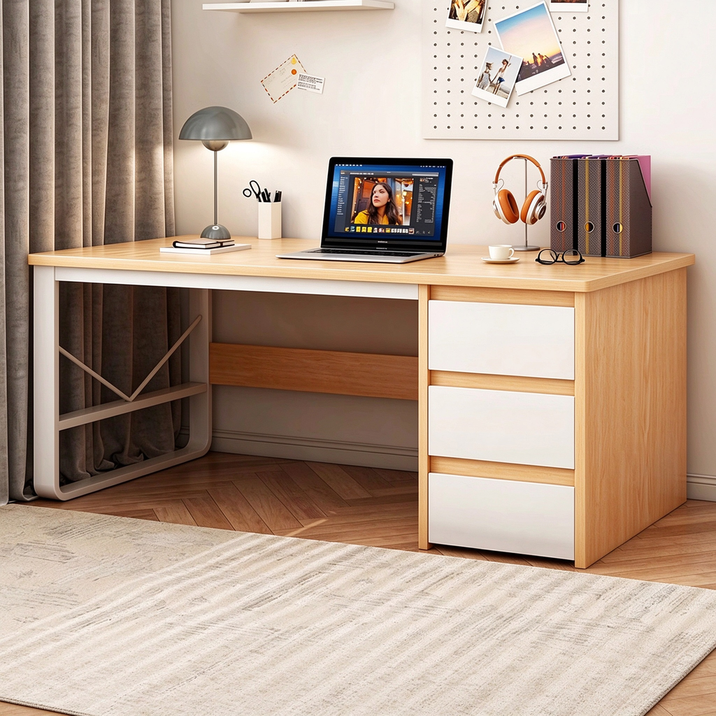 Compact Walnut Gaming Desk with Storage Drawers