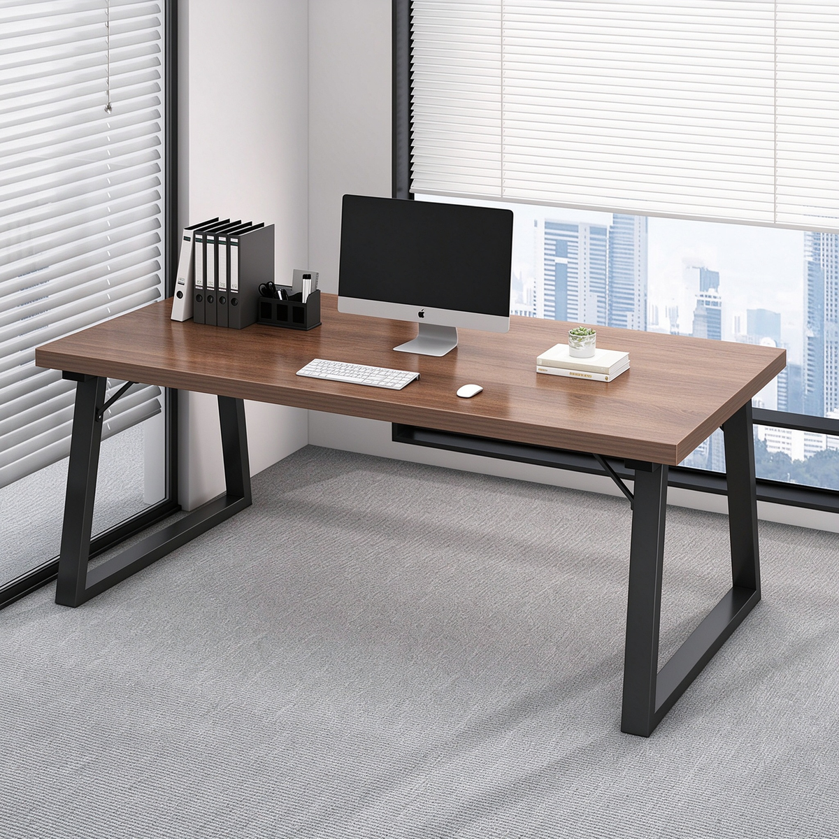Walnut Gaming Desk with Elevated Monitor Shelf