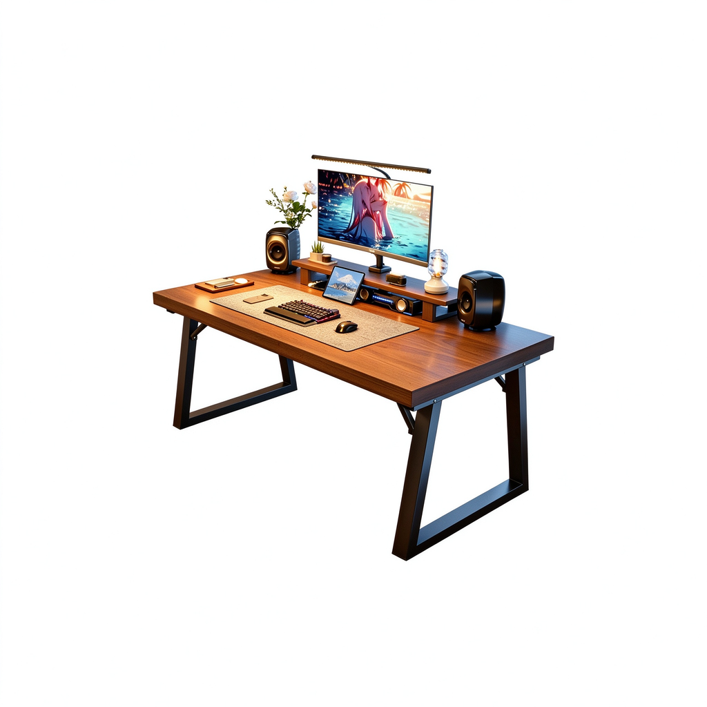 Walnut Gaming Desk with Elevated Monitor Shelf