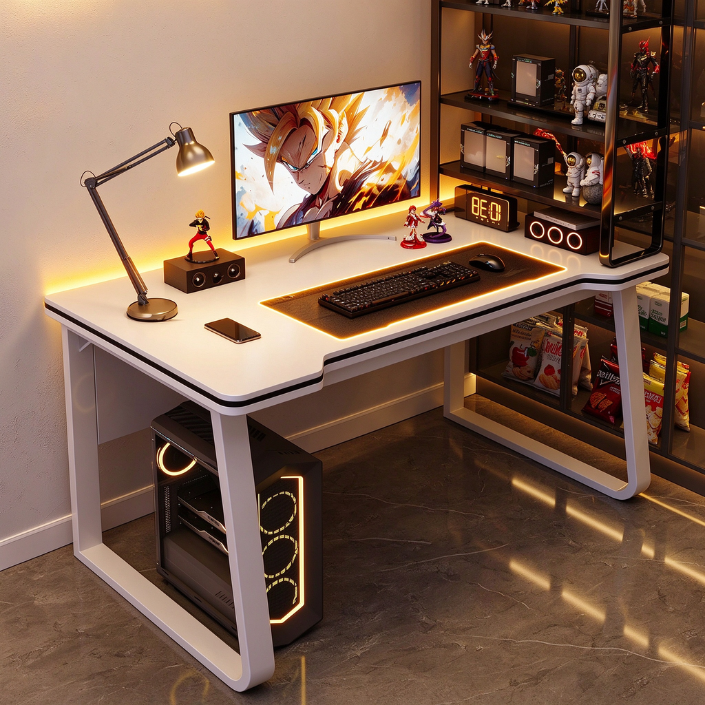 Pink Gaming Desk with Monitor Shelf and Storage