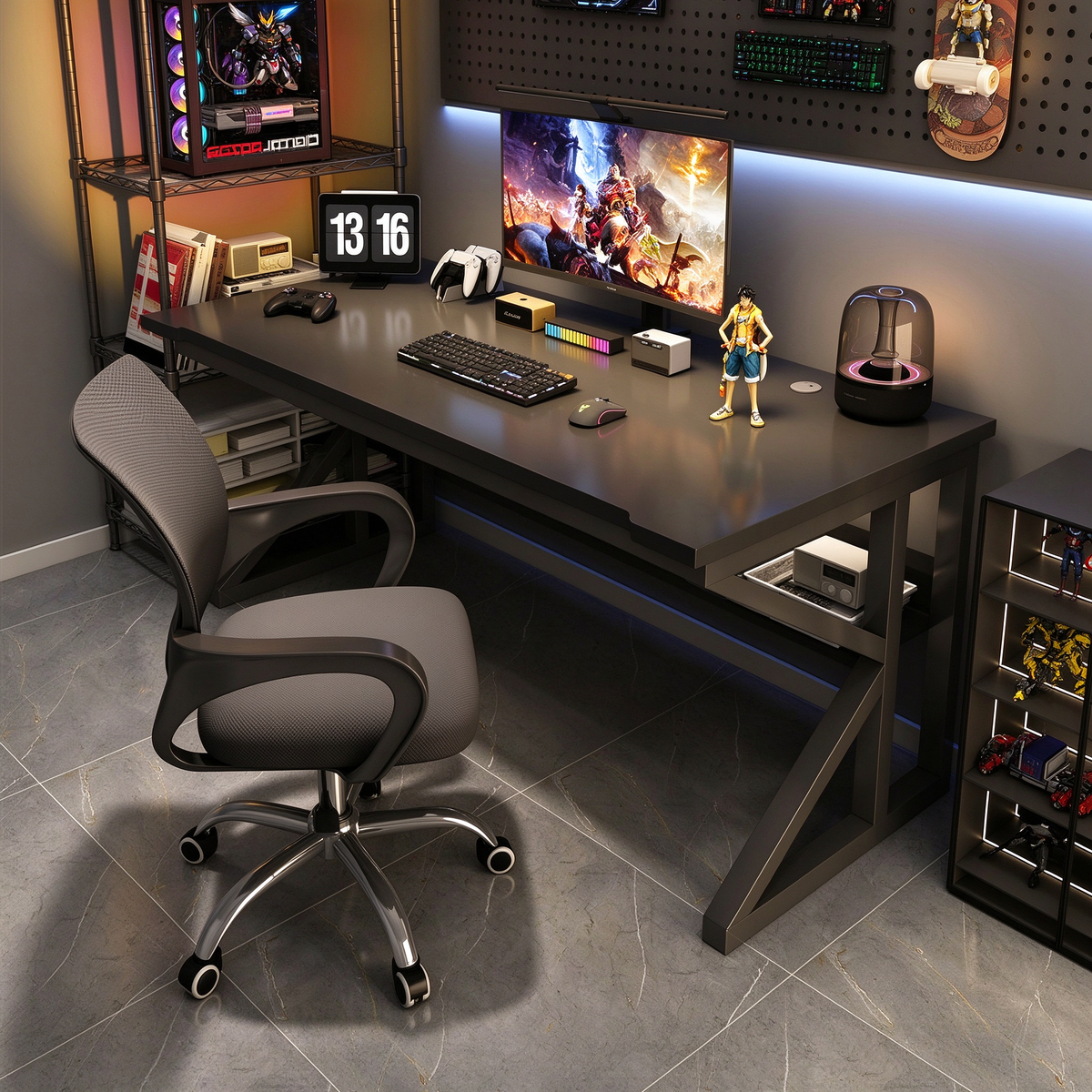 Blue Gaming Desk with Monitor Riser and Storage