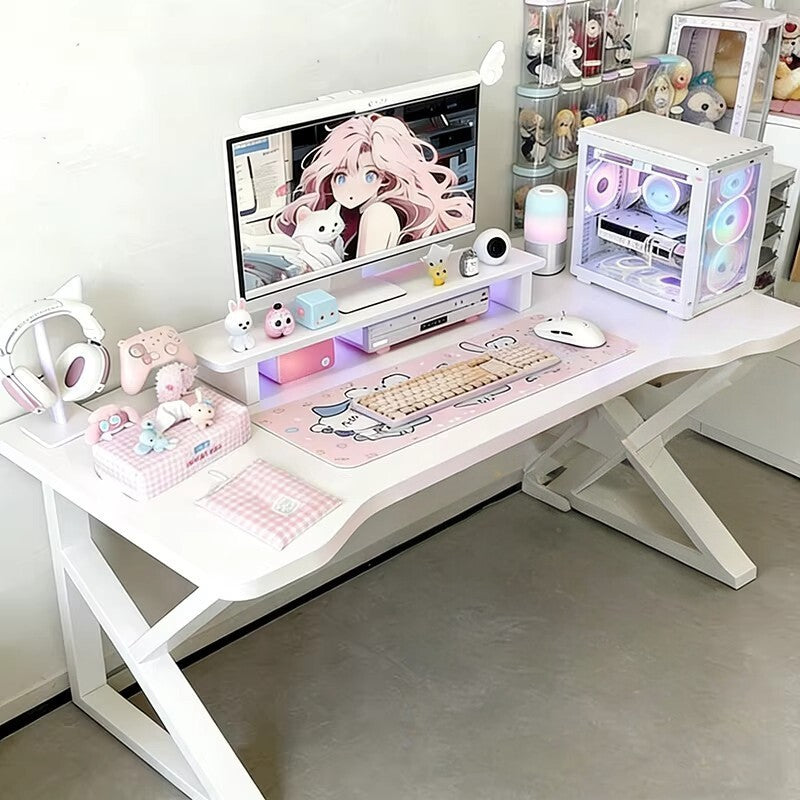 White Corner Gaming Desk with Hutch and Shelving