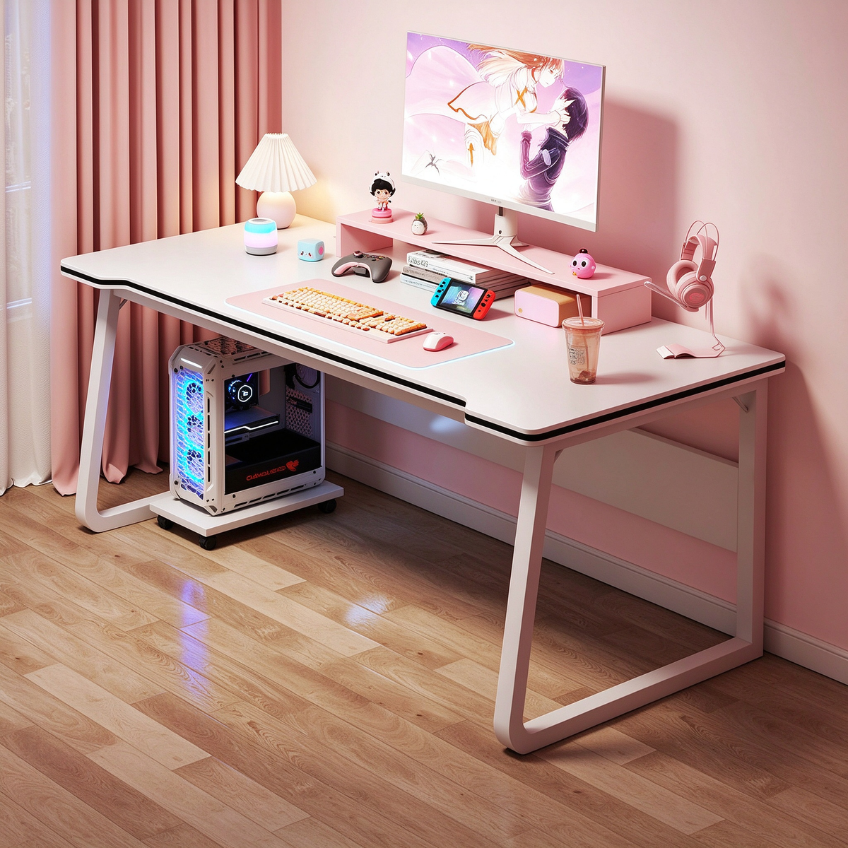 White Corner Gaming Desk with Hutch and Shelving